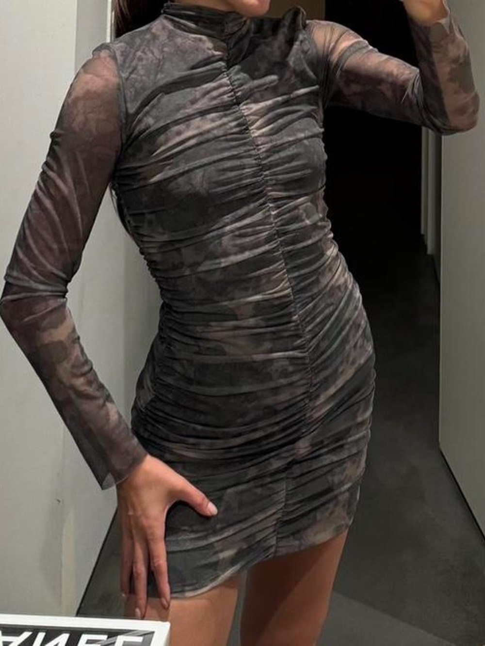 Zara Smoke-Patterned Ruched Mesh Mini Dress - Picture 3 of 8